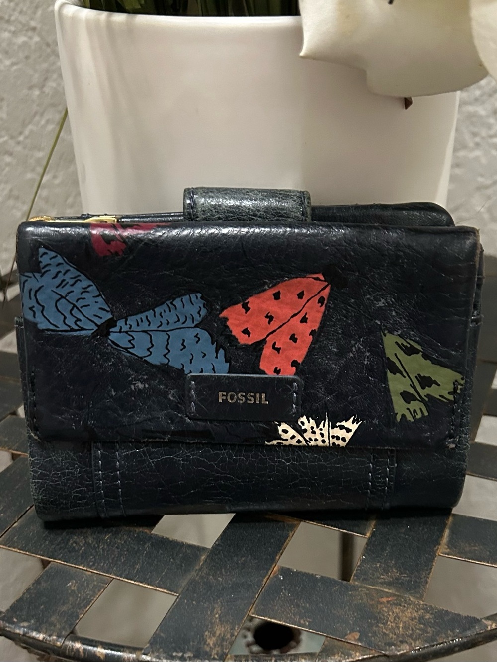 Fossil Navy Leather Trifold Wallet with Multicolor Butterfly Accents